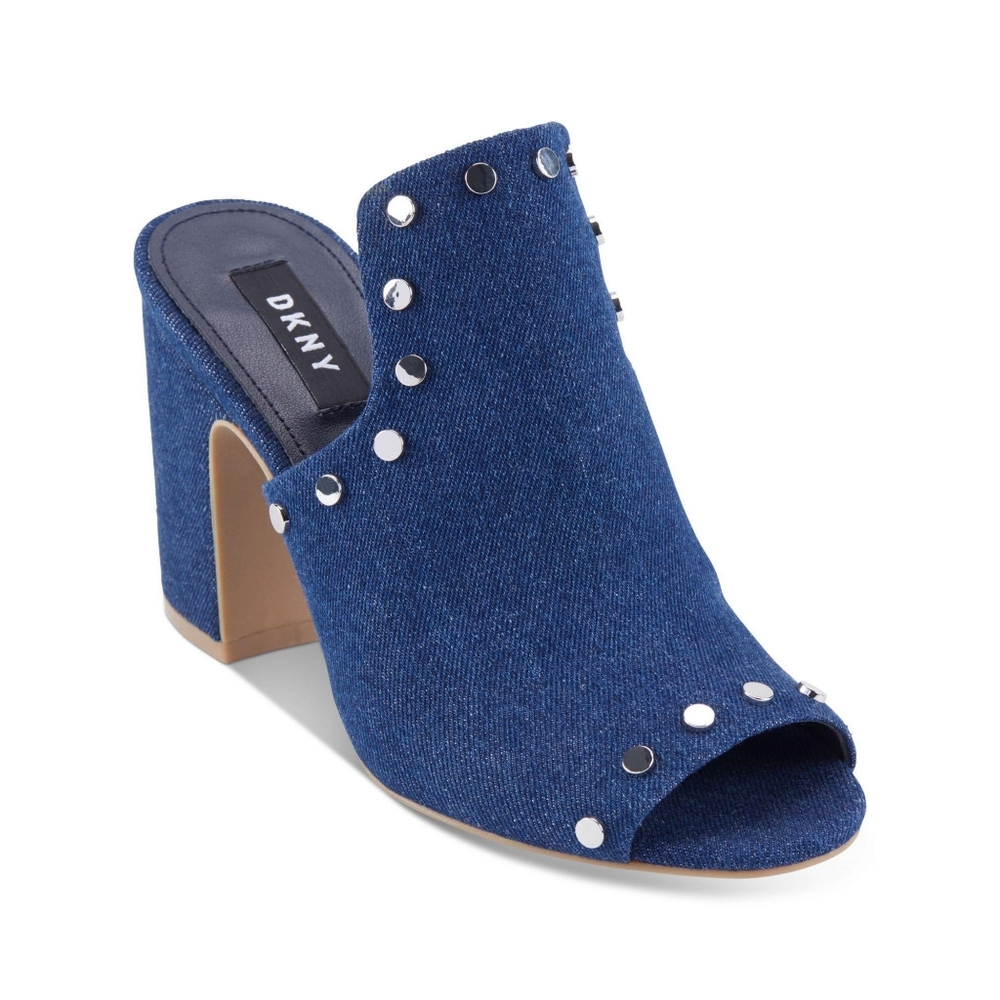 DKNY 10 Womens Blue Jean Studded Logo Hester Round Toe Block Heel Slip On Mules